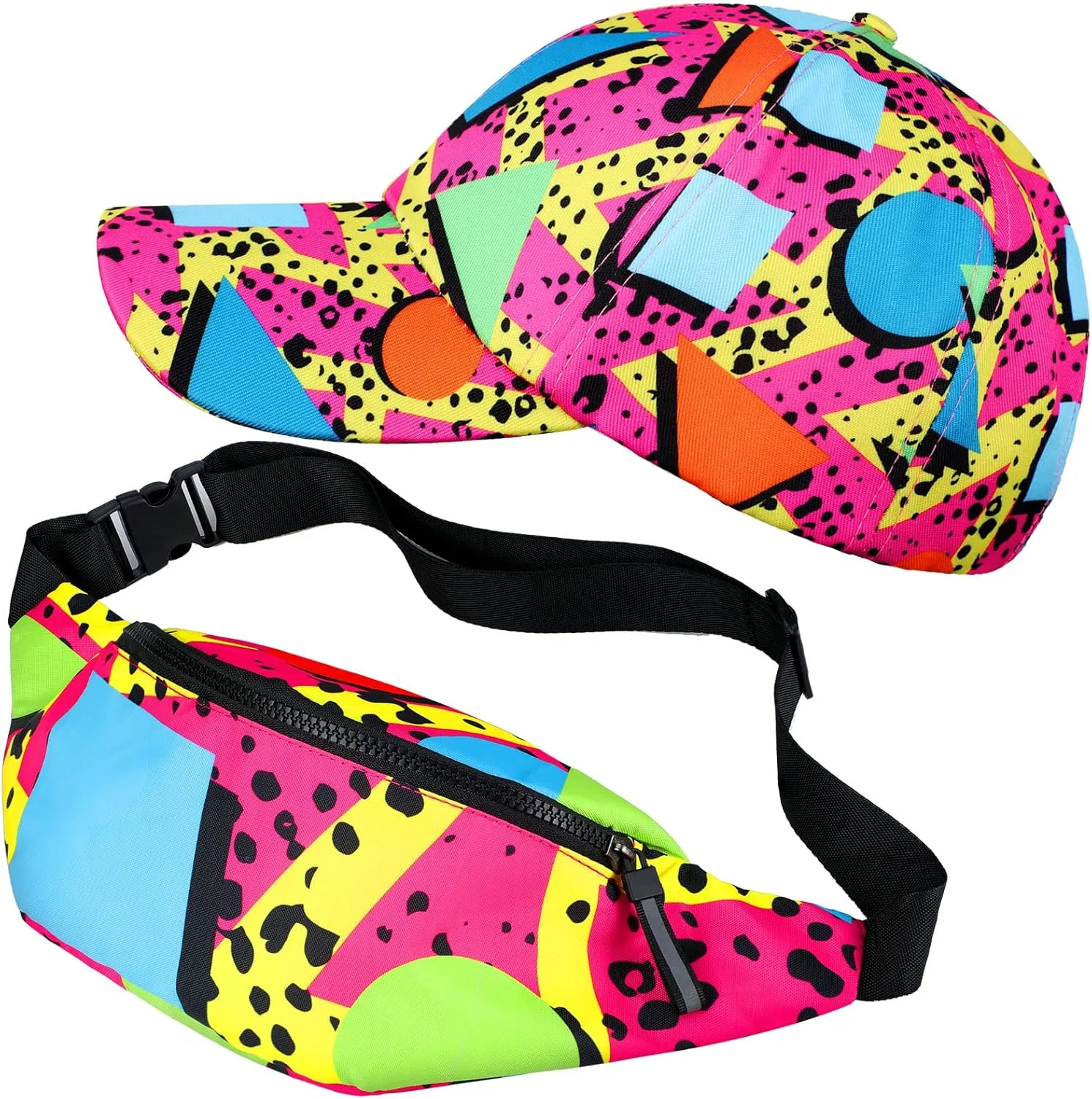 Sotiff 2 Pcs Retro 80s 90s Outfits for Women Men 80s Fanny Pack and Hat 90s Costumes Adjustable Waist Bag Bucket Hats for 90s Themed Party(Bright Style)