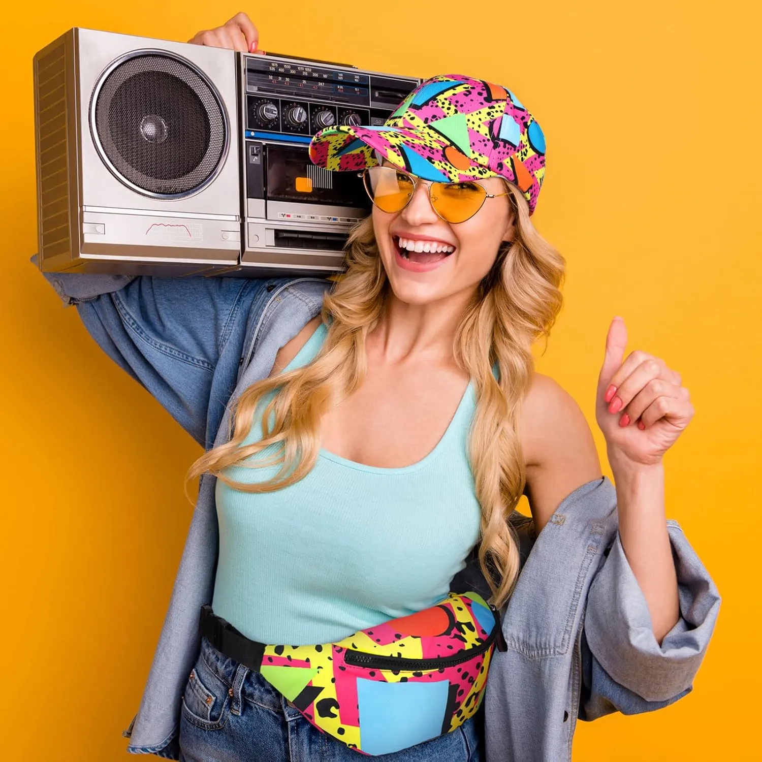 Sotiff 2 Pcs Retro 80s 90s Outfits for Women Men 80s Fanny Pack and Hat 90s Costumes Adjustable Waist Bag Bucket Hats for 90s Themed Party(Bright Style)