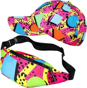 Sotiff 2 Pcs Retro 80s 90s Outfits for Women Men 80s Fanny Pack and Hat 90s Costumes Adjustable Waist Bag Bucket Hats for 90s Themed Party(Bright Style)