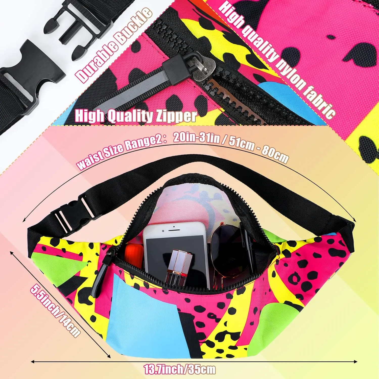 Sotiff 2 Pcs Retro 80s 90s Outfits for Women Men 80s Fanny Pack and Hat 90s Costumes Adjustable Waist Bag Bucket Hats for 90s Themed Party(Bright Style)