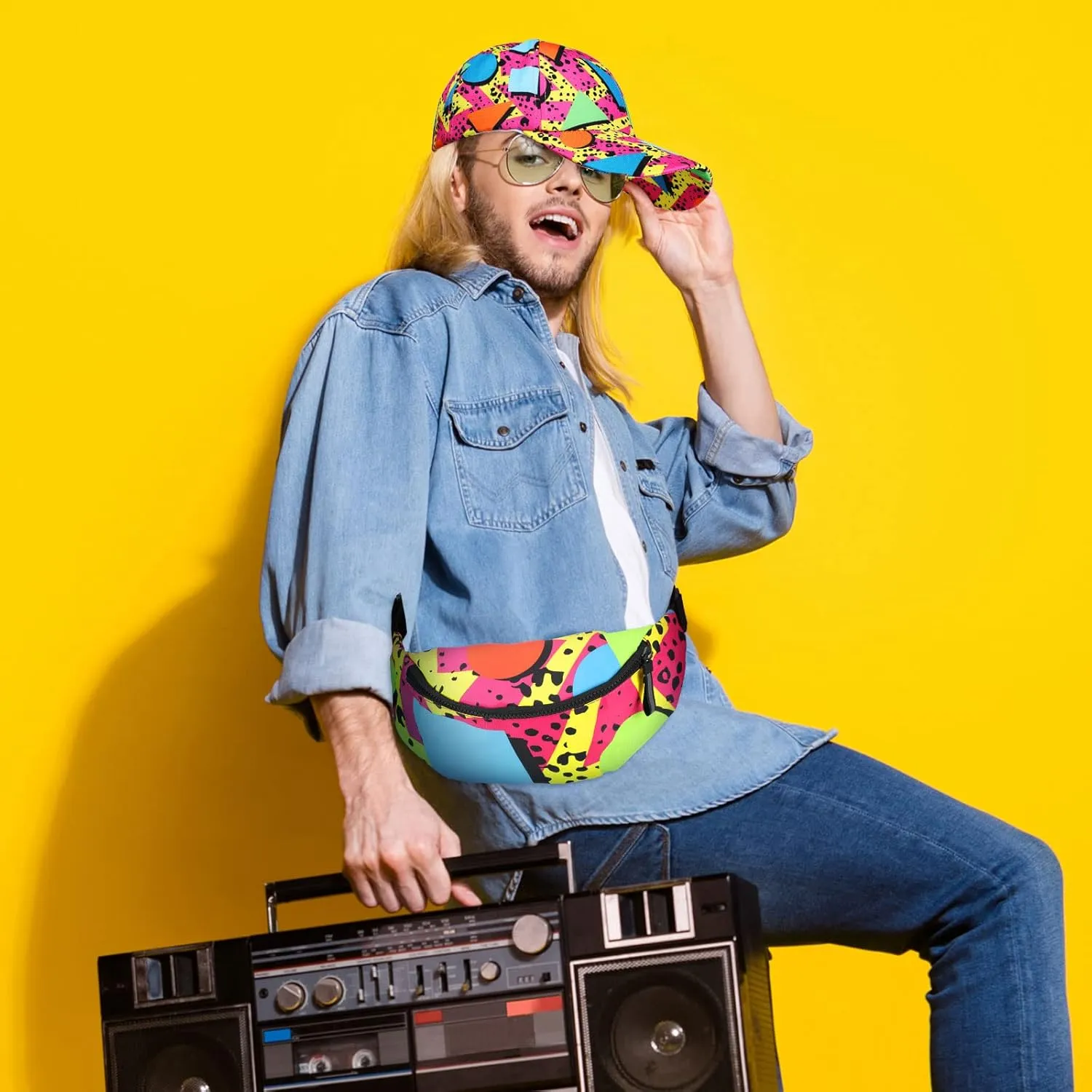 Sotiff 2 Pcs Retro 80s 90s Outfits for Women Men 80s Fanny Pack and Hat 90s Costumes Adjustable Waist Bag Bucket Hats for 90s Themed Party(Bright Style)