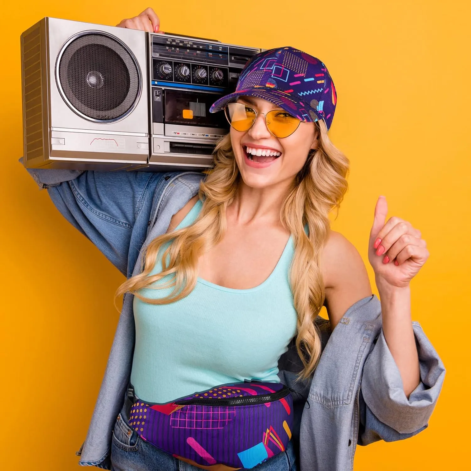 Sotiff 2 Pcs Retro 80s 90s Outfits for Women Men 80s Fanny Pack and Hat 90s Costumes Adjustable Waist Bag Bucket Hats for 90s Themed Party(Stylish Style)
