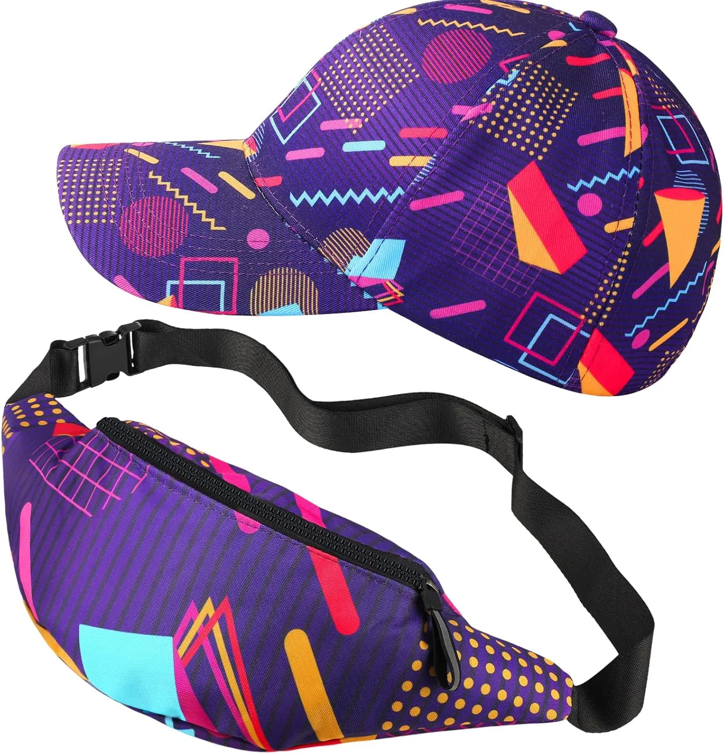 Sotiff 2 Pcs Retro 80s 90s Outfits for Women Men 80s Fanny Pack and Hat 90s Costumes Adjustable Waist Bag Bucket Hats for 90s Themed Party(Stylish Style)