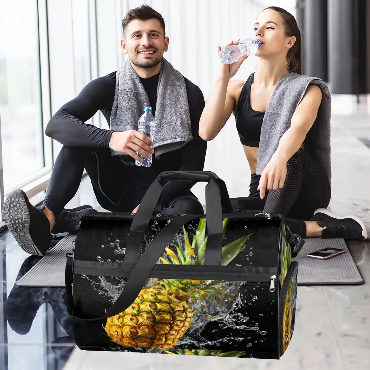 Sport Gym Bag for Women Men with Shoes Compartment & Wet Pocket, Travel Duffel Bag Sport Gym Tote Bags Swimming Yoga Ballet Weekend Overnight Bag Carry on Bag for Airplane (Pineapples 1)