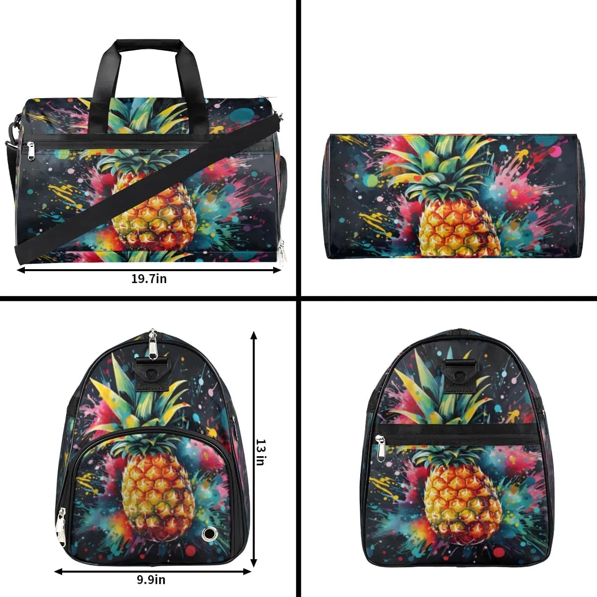 Sport Gym Bag for Women Men with Shoes Compartment & Wet Pocket, Travel Duffel Bag Sport Gym Tote Bags Swimming Yoga Ballet Weekend Overnight Bag Carry on Bag for Airplane (Pineapples 9)
