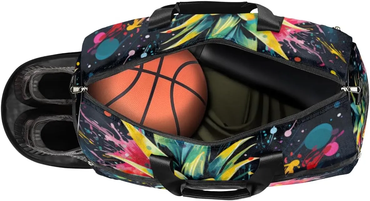 Sport Gym Bag for Women Men with Shoes Compartment & Wet Pocket, Travel Duffel Bag Sport Gym Tote Bags Swimming Yoga Ballet Weekend Overnight Bag Carry on Bag for Airplane (Pineapples 9)