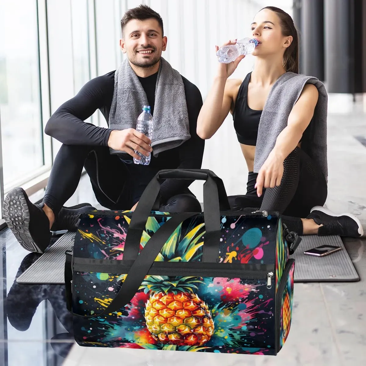 Sport Gym Bag for Women Men with Shoes Compartment & Wet Pocket, Travel Duffel Bag Sport Gym Tote Bags Swimming Yoga Ballet Weekend Overnight Bag Carry on Bag for Airplane (Pineapples 9)