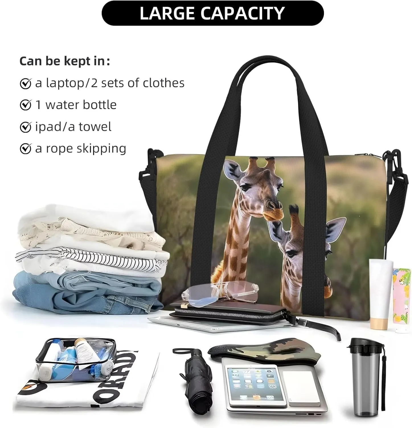 Sports Gym Bag for Women Men Travel Duffel Bag Tote Weekender Bag Carry on Overnight Bag for Travel Swimming Fitness Workout Sports Two Giraffes Duffle Bag