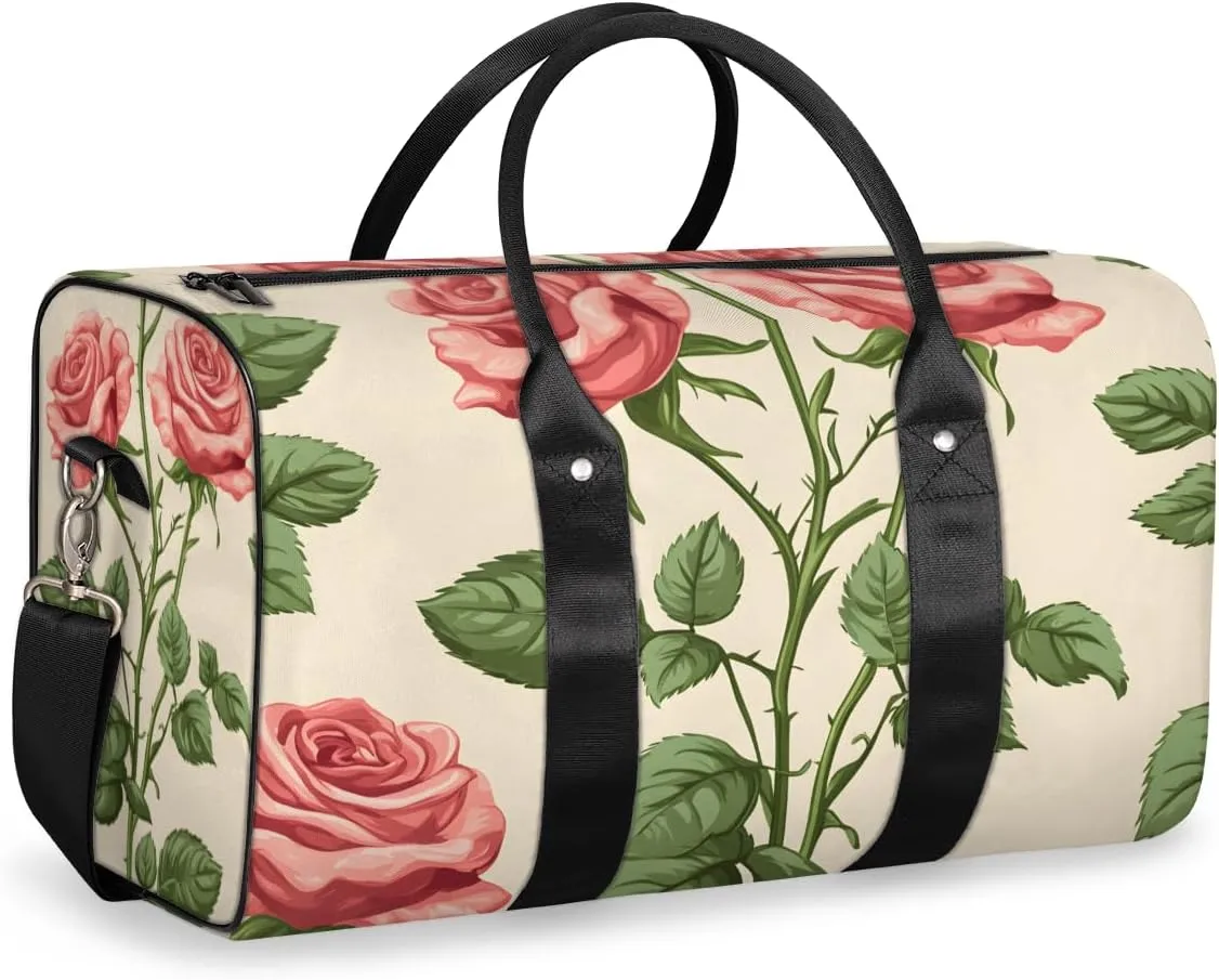 Spring Rose Travel Duffle Bag for Women Men Gym Duffel Foldable Bag Waterproof Weekender Pink Flower Farmhouse Duffle Tote