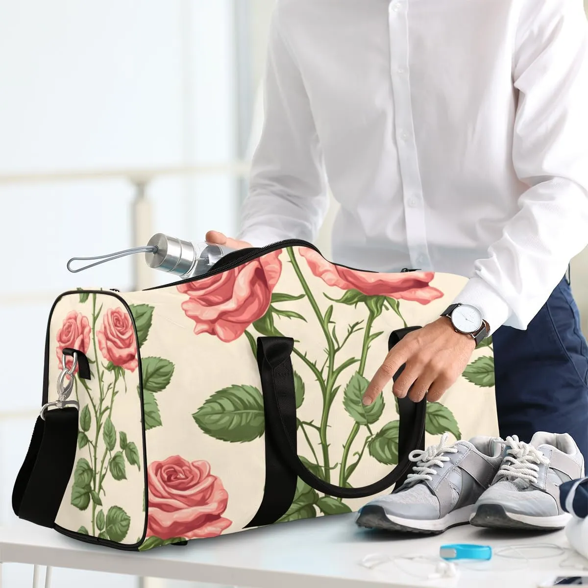 Spring Rose Travel Duffle Bag for Women Men Gym Duffel Foldable Bag Waterproof Weekender Pink Flower Farmhouse Duffle Tote