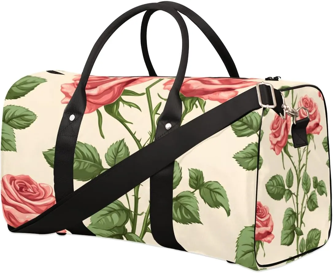 Spring Rose Travel Duffle Bag for Women Men Gym Duffel Foldable Bag Waterproof Weekender Pink Flower Farmhouse Duffle Tote