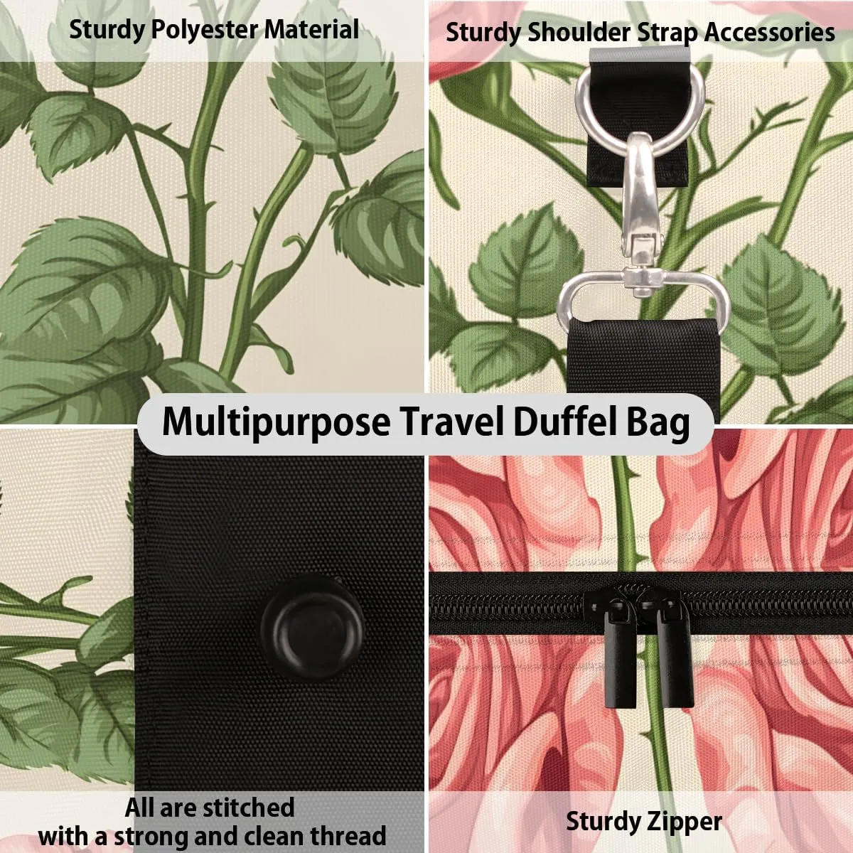Spring Rose Travel Duffle Bag for Women Men Gym Duffel Foldable Bag Waterproof Weekender Pink Flower Farmhouse Duffle Tote
