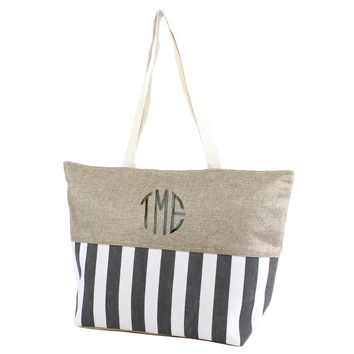 ST18C-1004 Burlap Top Monogrammable Stripes Print Tote/Beach Bag