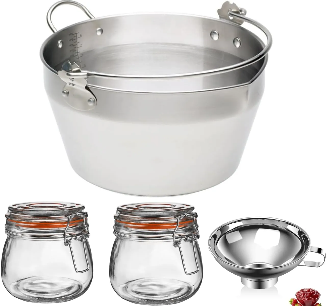 Stainless Steel Mini Maslin Pan Set for Homemade Jam & Preserve, with Canning Funnel n 2 Glass Jam Jars (4.7QT)
