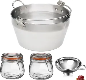 Stainless Steel Mini Maslin Pan Set for Homemade Jam & Preserve, with Canning Funnel n 2 Glass Jam Jars (4.7QT)