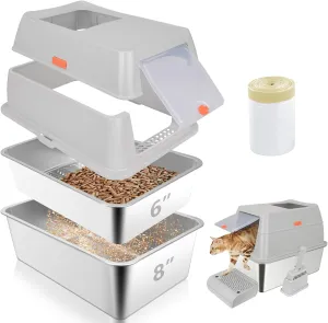 Stainless Steel Sifting Litter Box with Lid,23.6''x15.8''x8''Large Pellet Cat Litter Box,Metal Sifting Litter Boxes for Pine Pellets,Anti Urine Leakage,Include Foot Pedal&Scoop&Litter Bags