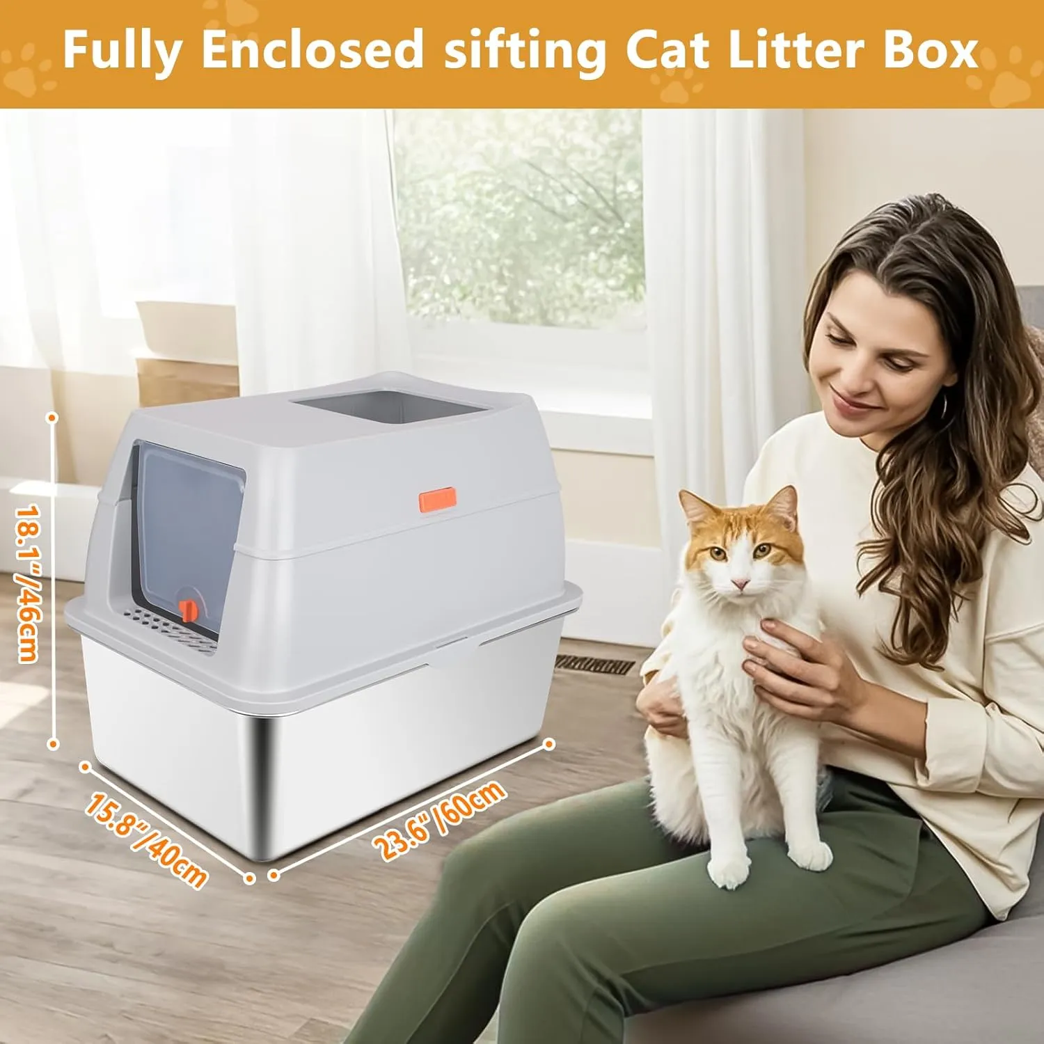 Stainless Steel Sifting Litter Box with Lid,23.6''x15.8''x8''Large Pellet Cat Litter Box,Metal Sifting Litter Boxes for Pine Pellets,Anti Urine Leakage,Include Foot Pedal&Scoop&Litter Bags