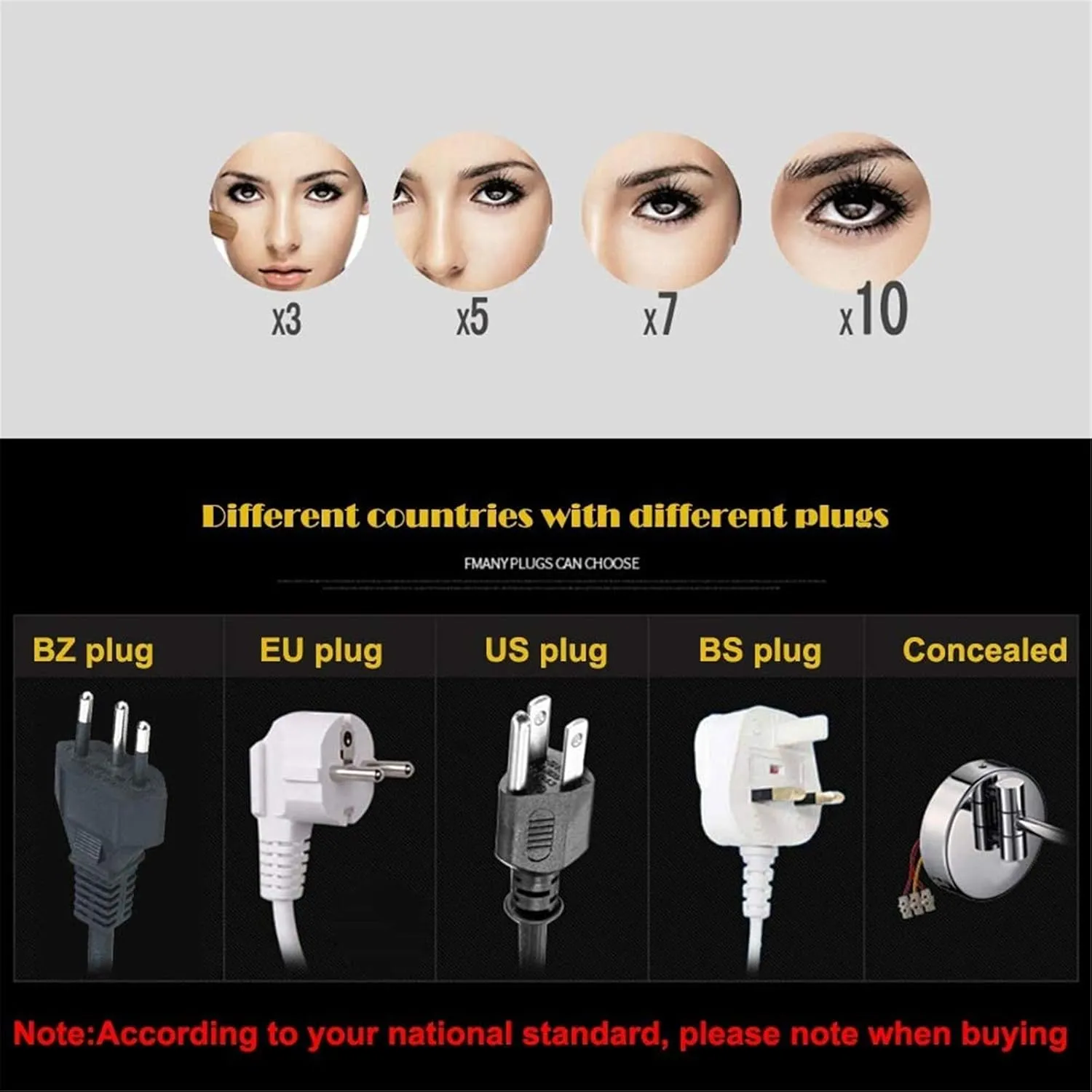 Standing LED Makeup Mirror with Light and 3X/5X/7X/10X Magnification, 8 Inch Brass Countertop Cosmetic Vanity Mirrors with Switch and Plug,Chrome,3X(Chrome,7X)