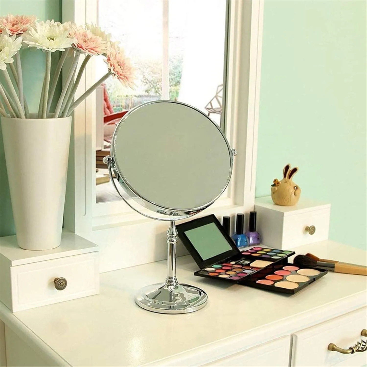 Standing Makeup Mirrors, 8 Inch Double Sided Brass Countertop Vanity Mirror with 3X/5X/7X/10X Magnifying, Tabletop Rotatable Cosmetic Mirrors,Chrome,7X