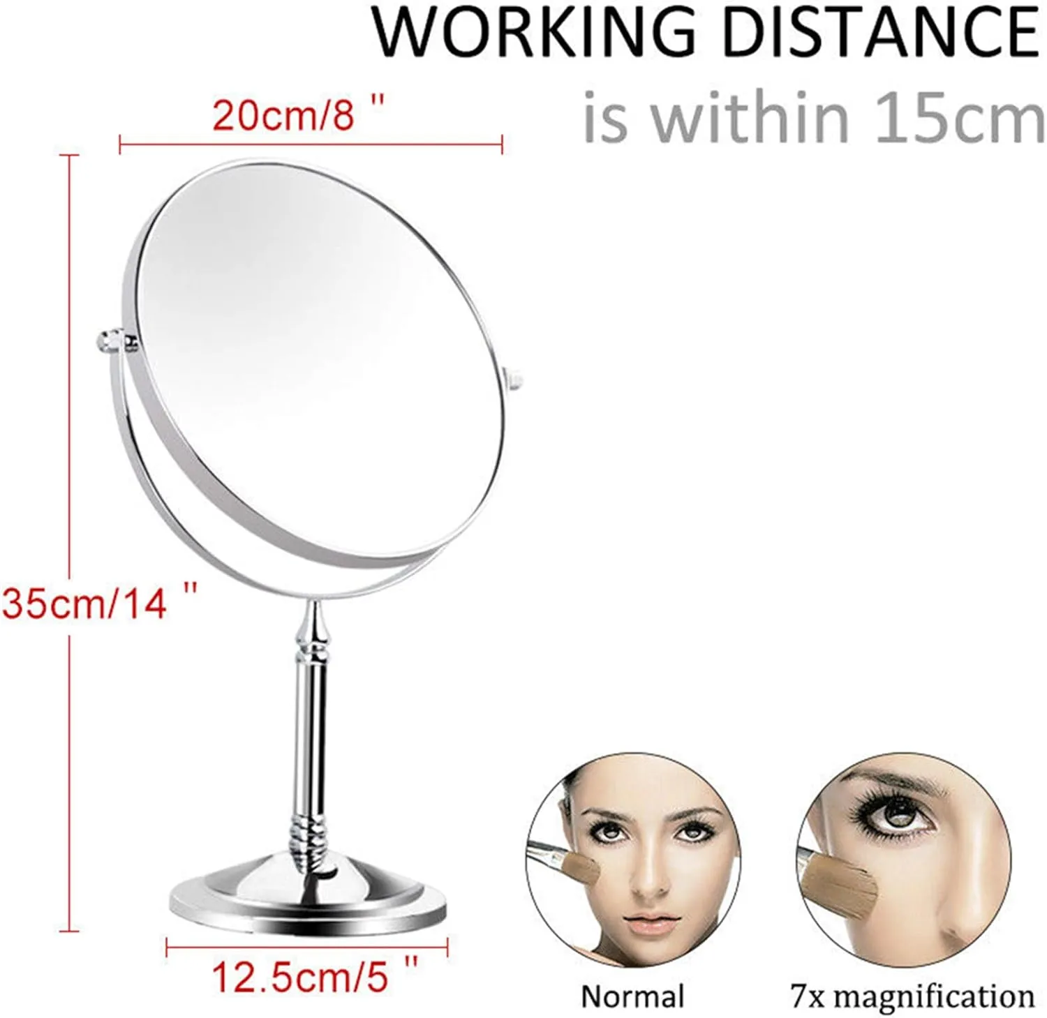 Standing Makeup Mirrors, 8 Inch Double Sided Brass Countertop Vanity Mirror with 3X/5X/7X/10X Magnifying, Tabletop Rotatable Cosmetic Mirrors,Chrome,7X