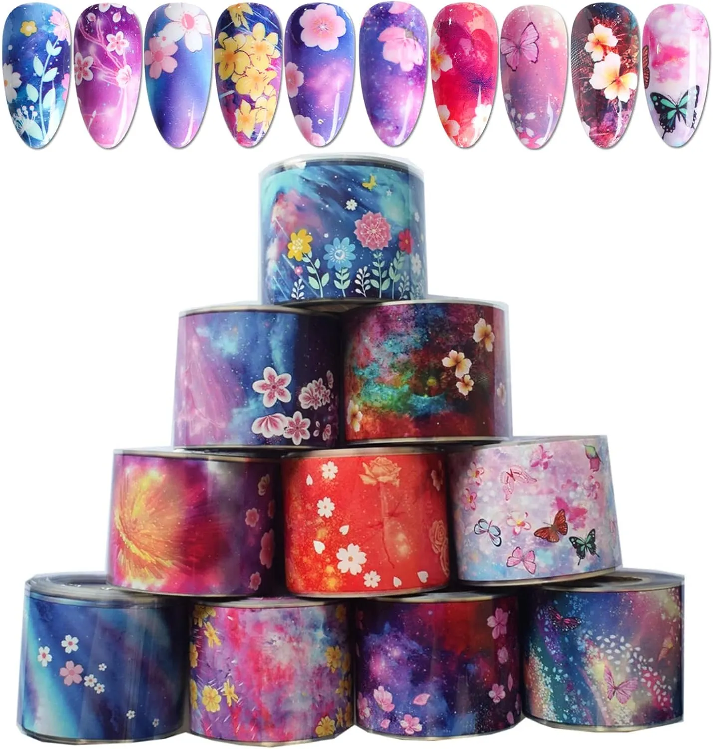 Starry Sky Flowers Nail Foil Sheets Transfer Stickers Decals, Holographic Pink Floral Butterfly Foil For Nail Art Design,Acrylic Nails Art Supplies For Nail Transfer Glue Polish,Women Nail Accessories