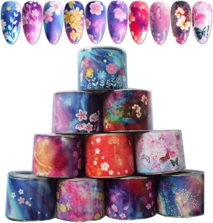 Starry Sky Flowers Nail Foil Sheets Transfer Stickers Decals, Holographic Pink Floral Butterfly Foil For Nail Art Design,Acrylic Nails Art Supplies For Nail Transfer Glue Polish,Women Nail Accessories