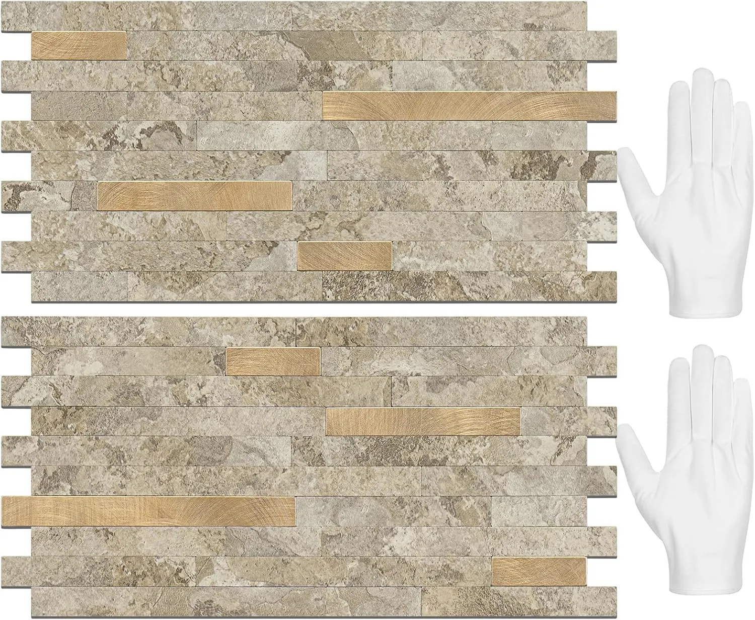 STICKGOO 20 Sheets Peel and Stick Backsplash Tile, Stick on Backsplash for Kitchen and Bathroom, Stone Beige Marble Look PVC Mixed Metal Gold Self Adhesive Wall Tiles