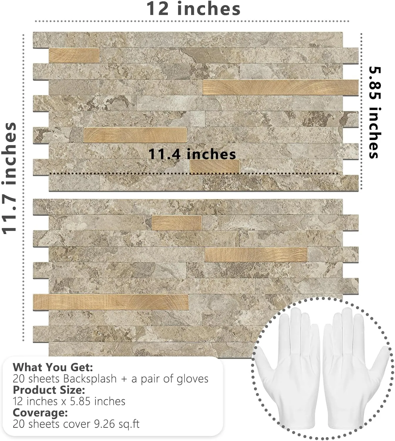 STICKGOO 20 Sheets Peel and Stick Backsplash Tile, Stick on Backsplash for Kitchen and Bathroom, Stone Beige Marble Look PVC Mixed Metal Gold Self Adhesive Wall Tiles