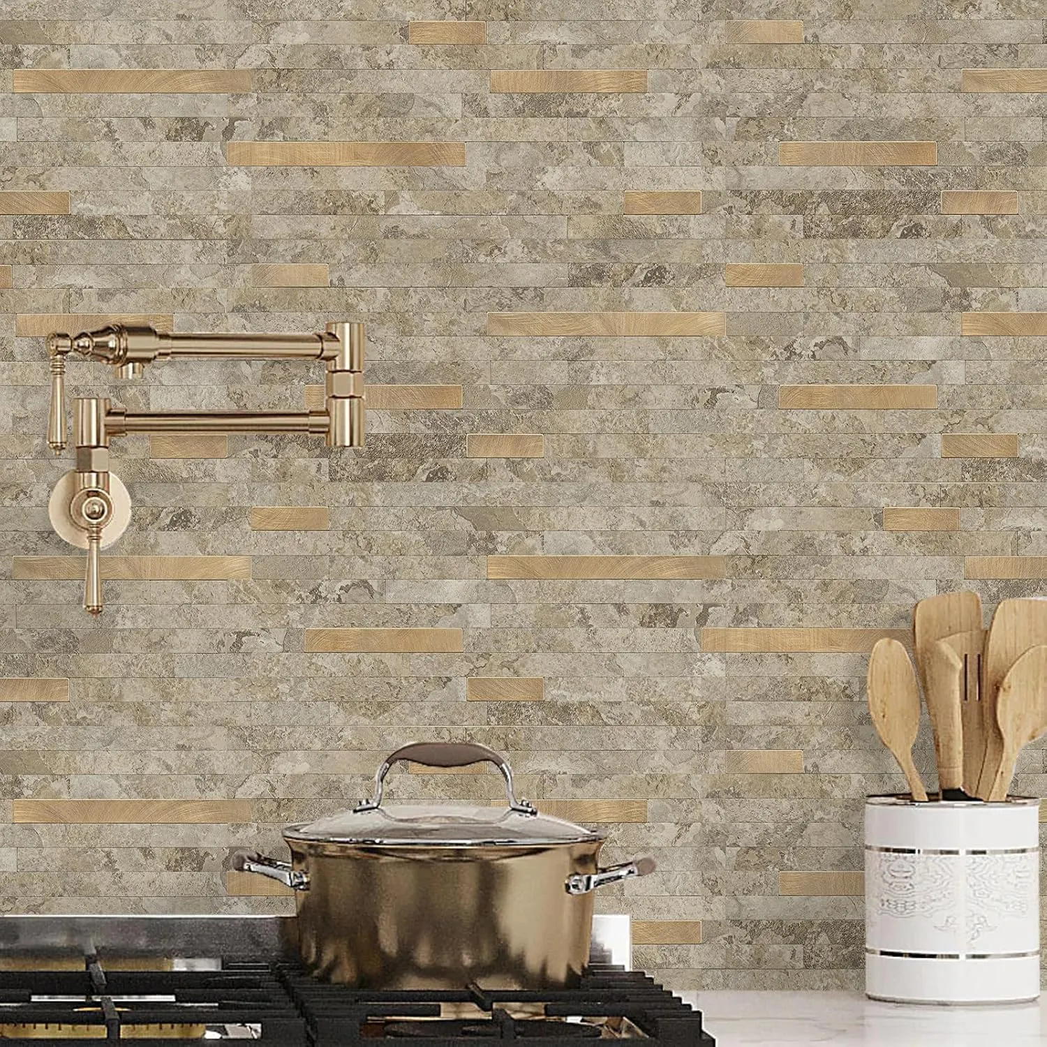 STICKGOO 20 Sheets Peel and Stick Backsplash Tile, Stick on Backsplash for Kitchen and Bathroom, Stone Beige Marble Look PVC Mixed Metal Gold Self Adhesive Wall Tiles