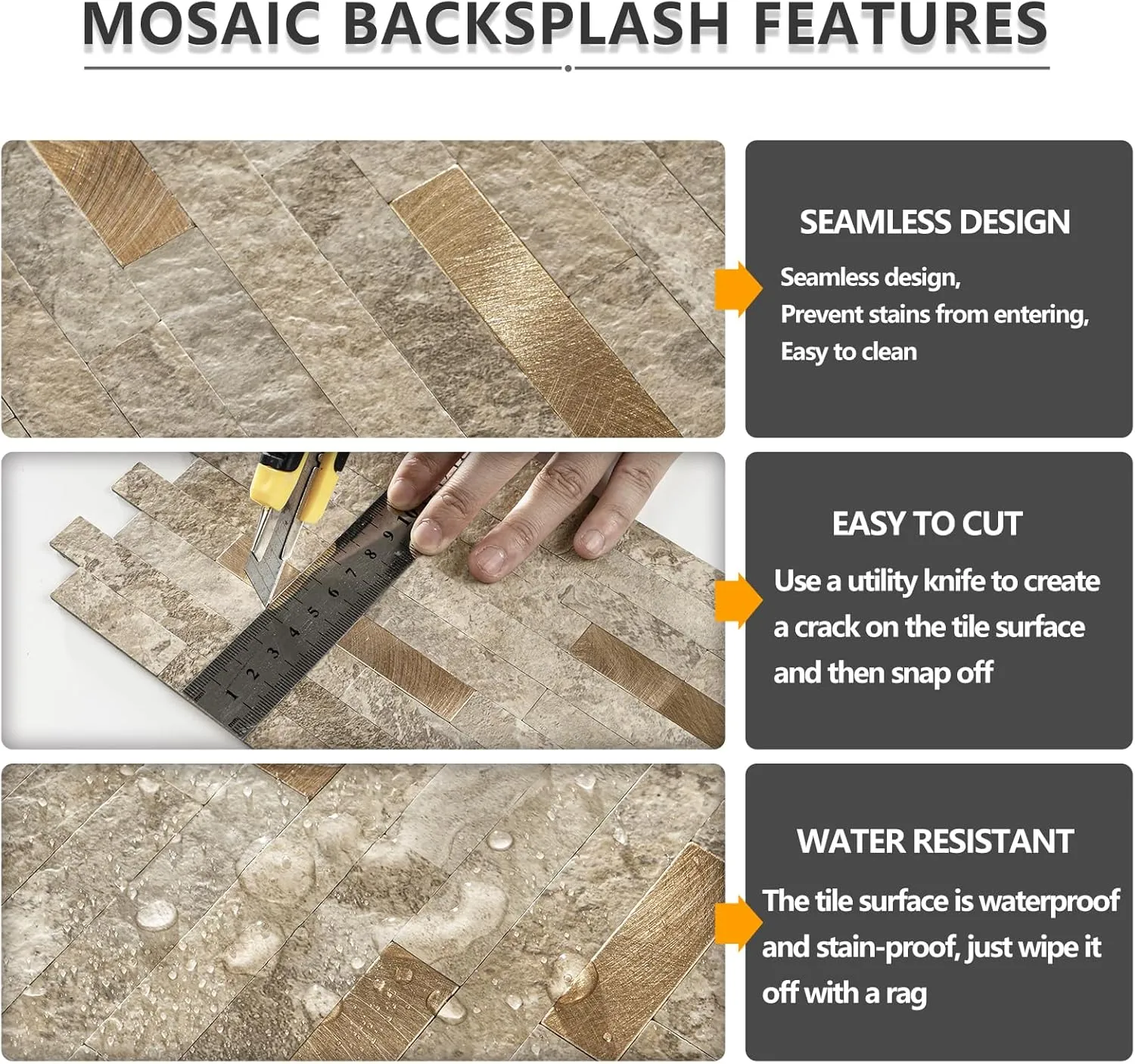 STICKGOO 20 Sheets Peel and Stick Backsplash Tile, Stick on Backsplash for Kitchen and Bathroom, Stone Beige Marble Look PVC Mixed Metal Gold Self Adhesive Wall Tiles