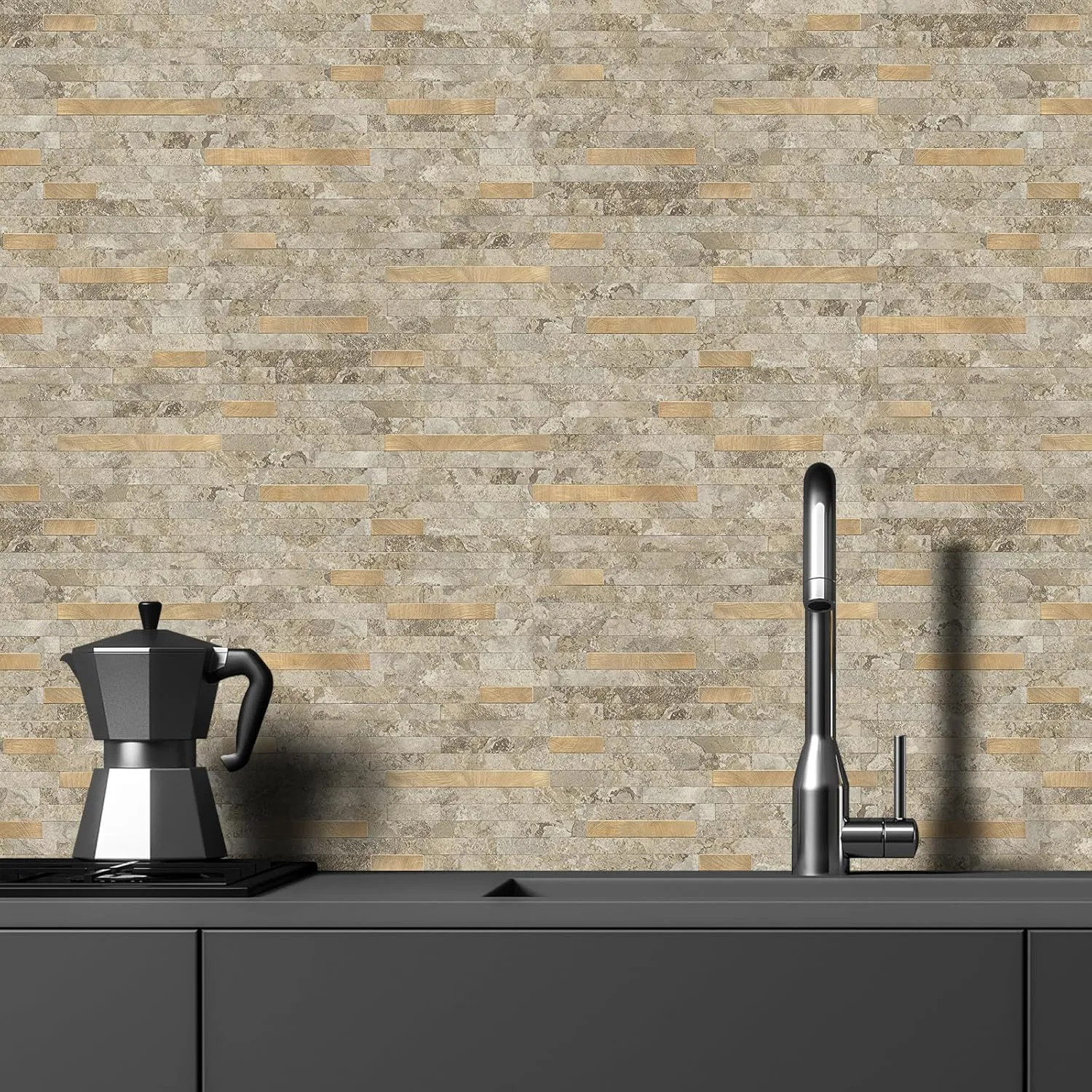 STICKGOO 20 Sheets Peel and Stick Backsplash Tile, Stick on Backsplash for Kitchen and Bathroom, Stone Beige Marble Look PVC Mixed Metal Gold Self Adhesive Wall Tiles