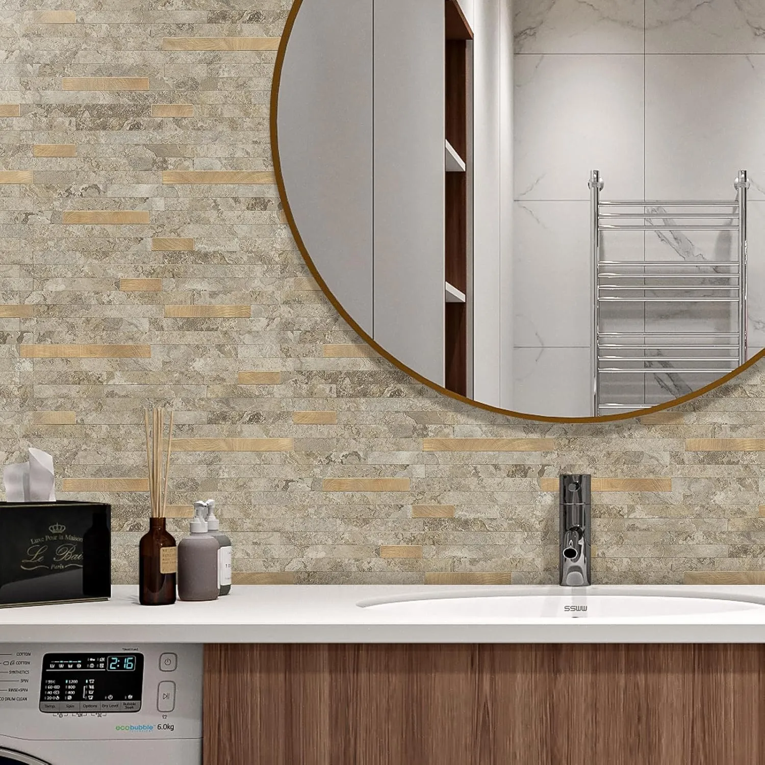 STICKGOO 20 Sheets Peel and Stick Backsplash Tile, Stick on Backsplash for Kitchen and Bathroom, Stone Beige Marble Look PVC Mixed Metal Gold Self Adhesive Wall Tiles