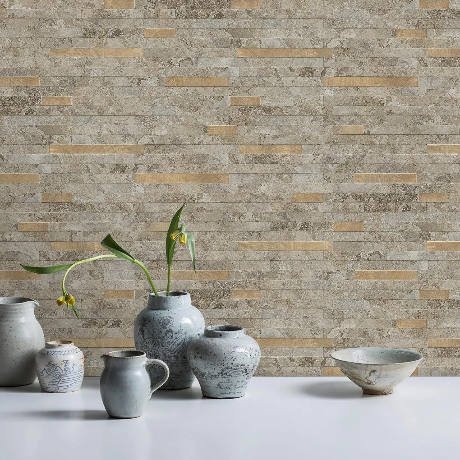 STICKGOO 20 Sheets Peel and Stick Backsplash Tile, Stick on Backsplash for Kitchen and Bathroom, Stone Beige Marble Look PVC Mixed Metal Gold Self Adhesive Wall Tiles