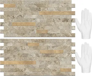 STICKGOO 20 Sheets Peel and Stick Backsplash Tile, Stick on Backsplash for Kitchen and Bathroom, Stone Beige Marble Look PVC Mixed Metal Gold Self Adhesive Wall Tiles