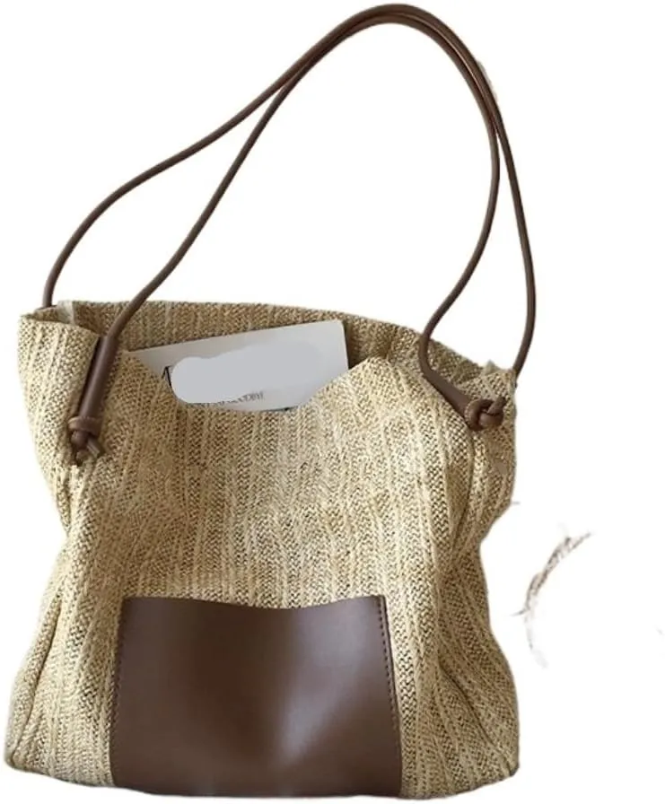 Straw Bag Summer woven basket bag contrasting color straw bucket bag handbag shoulder bag Straw Bags