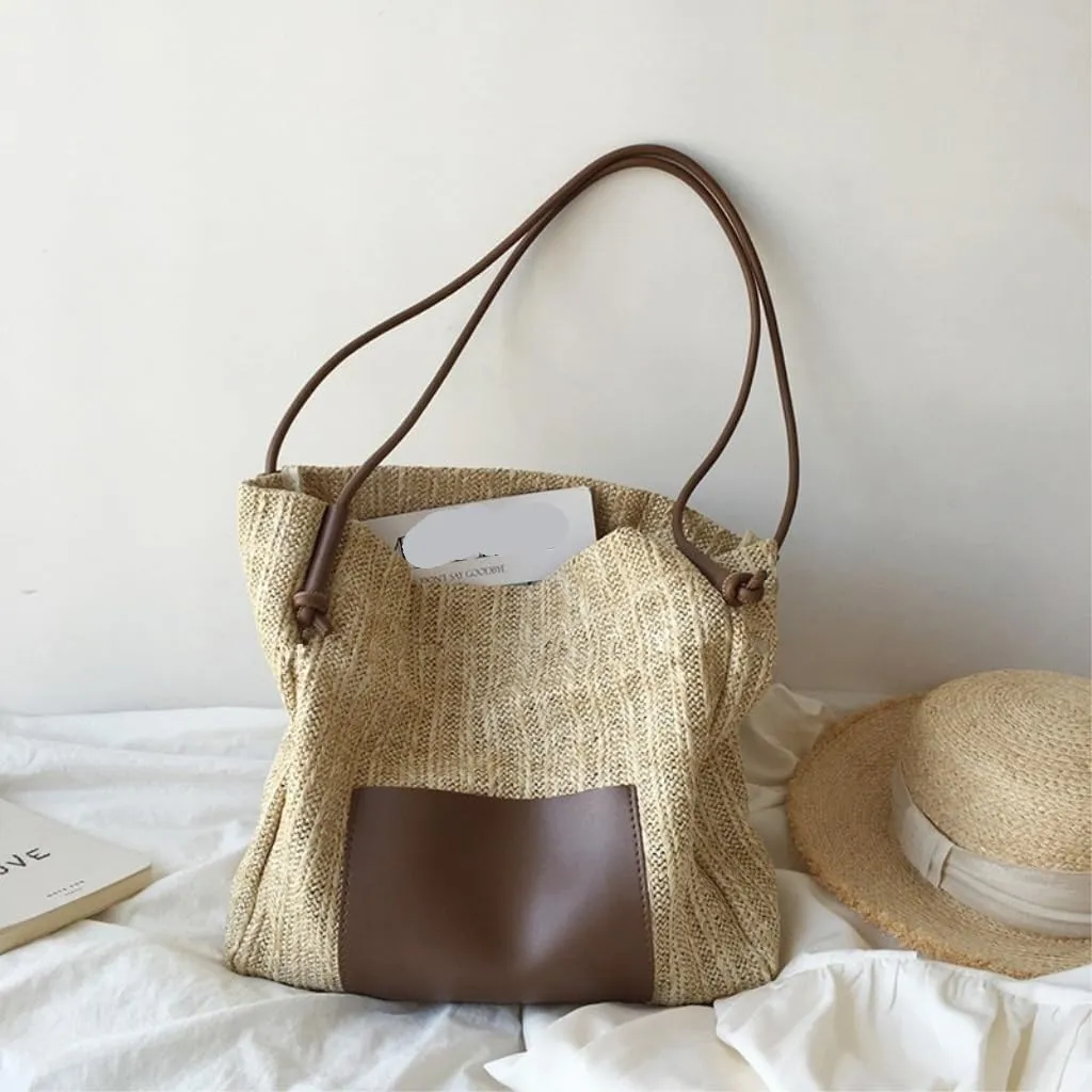 Straw Bag Summer woven basket bag contrasting color straw bucket bag handbag shoulder bag Straw Bags