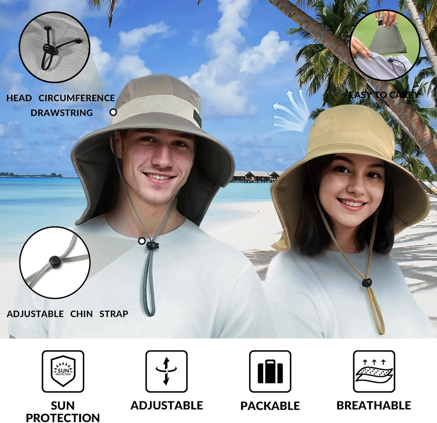 Sukeen Cooling Sun Hat for Men Women UPF50  Wide Brim Fishing Hat with Neck Flap Adjustable Foldable Bucket Hat for Hiking
