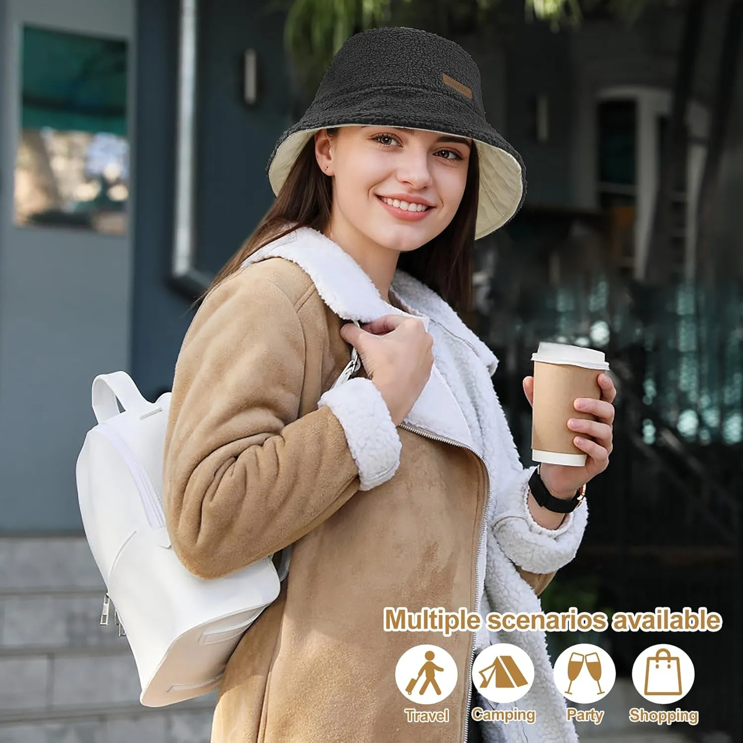 Sukeen Oversized Winter Bucket Hat for Big Heads Large Faux Fur Bucket Hat Fluffy Warm Hat Trendy Fisherman Cap for Daily