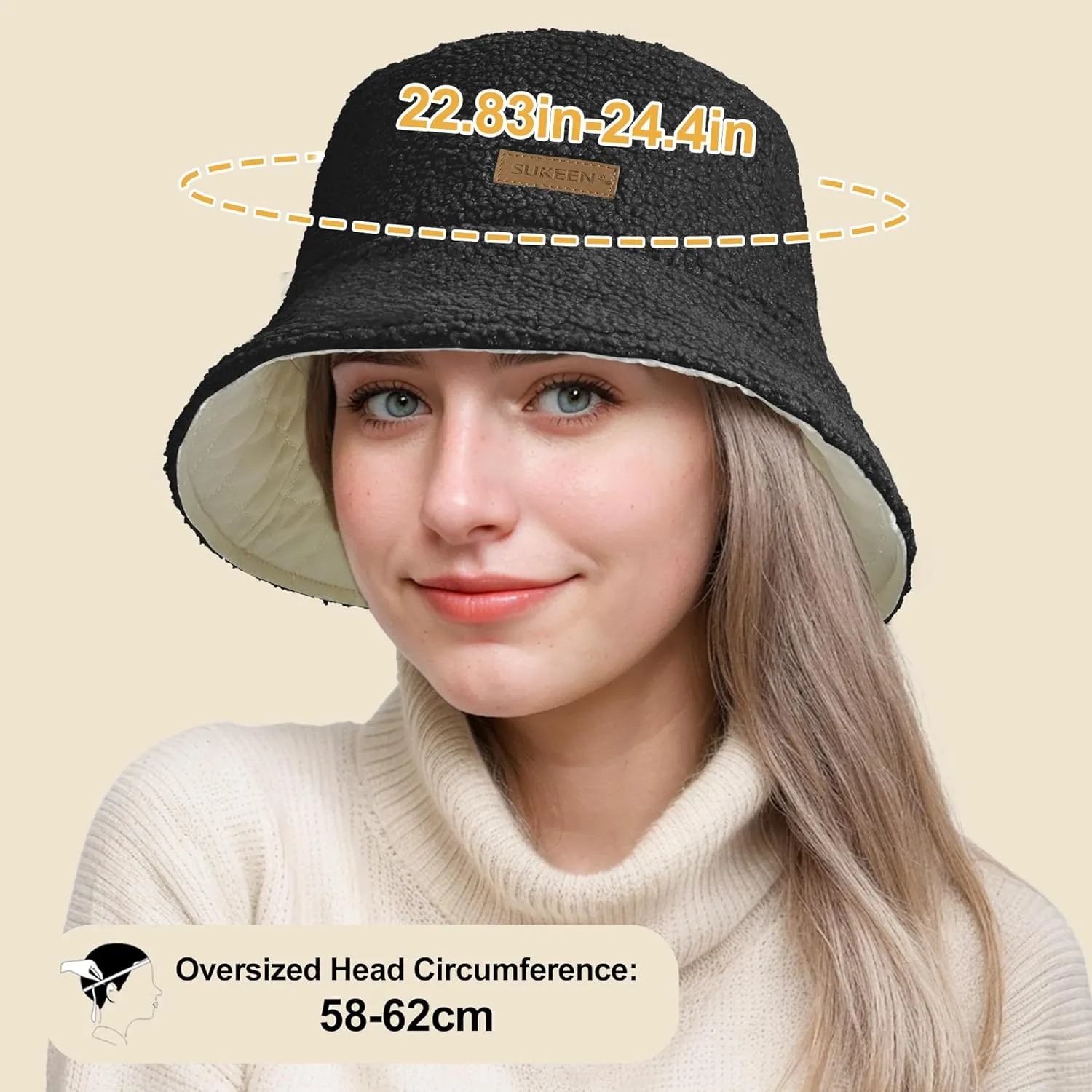 Sukeen Oversized Winter Bucket Hat for Big Heads Large Faux Fur Bucket Hat Fluffy Warm Hat Trendy Fisherman Cap for Daily