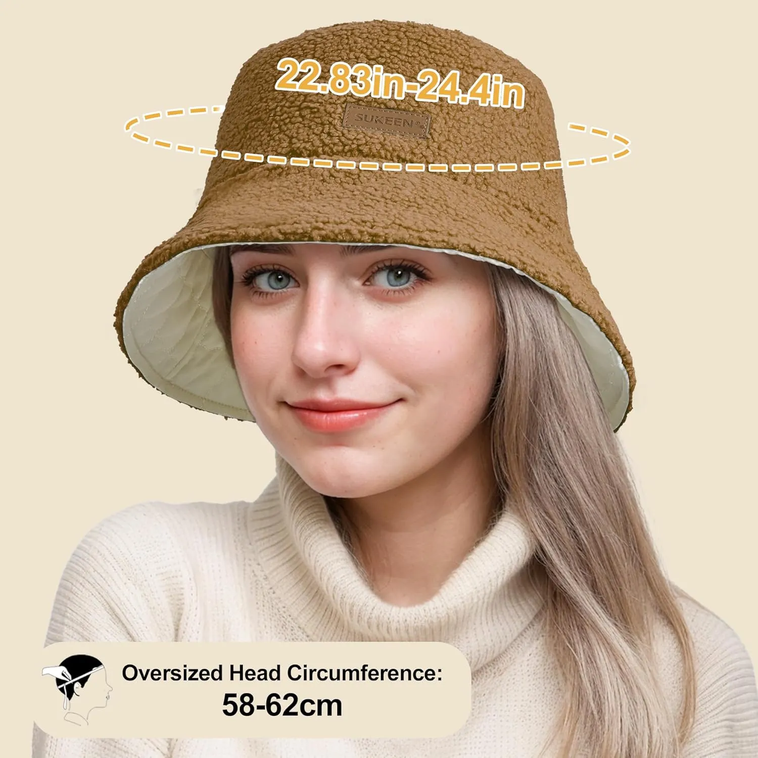 Sukeen Oversized Winter Bucket Hat for Big Heads Large Faux Fur Bucket Hat Fluffy Warm Hat Trendy Fisherman Cap for Daily