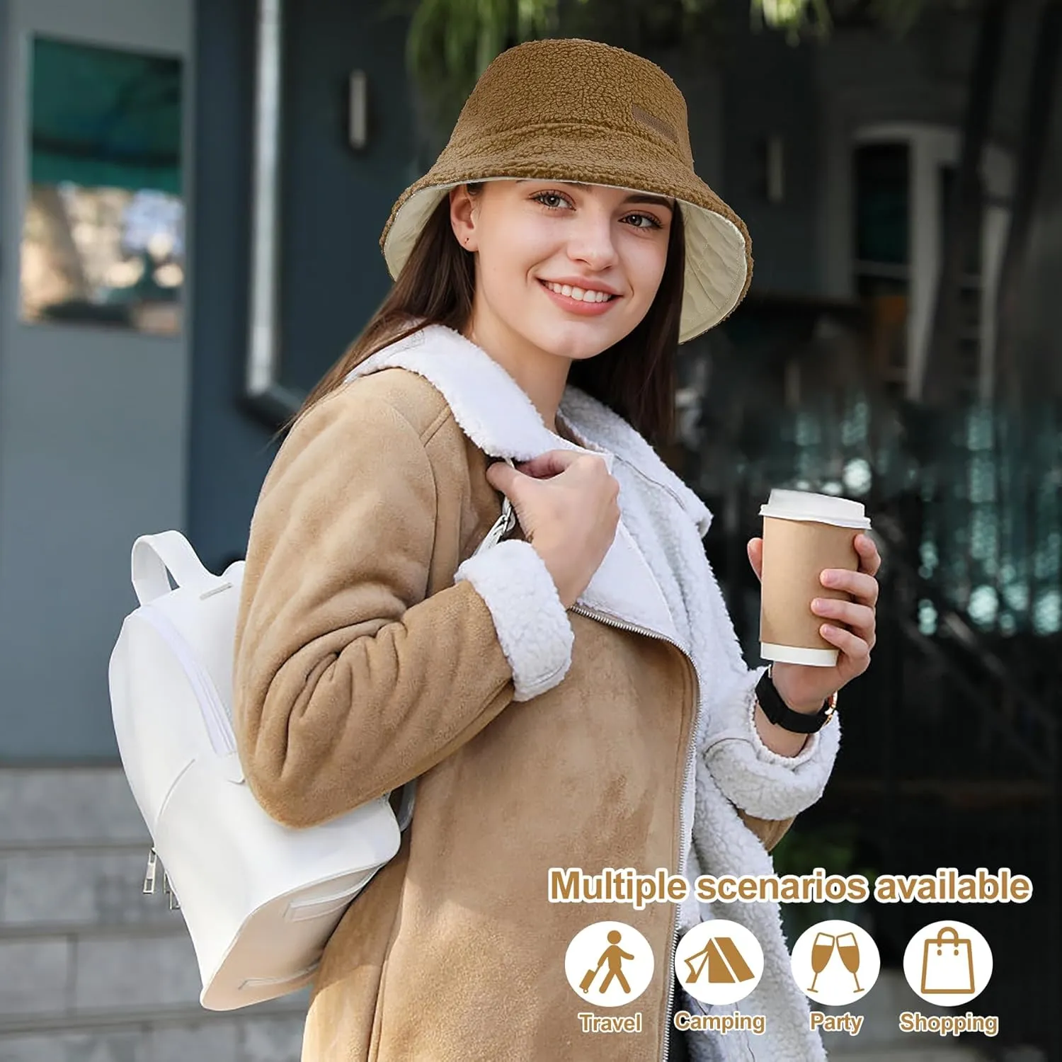Sukeen Oversized Winter Bucket Hat for Big Heads Large Faux Fur Bucket Hat Fluffy Warm Hat Trendy Fisherman Cap for Daily