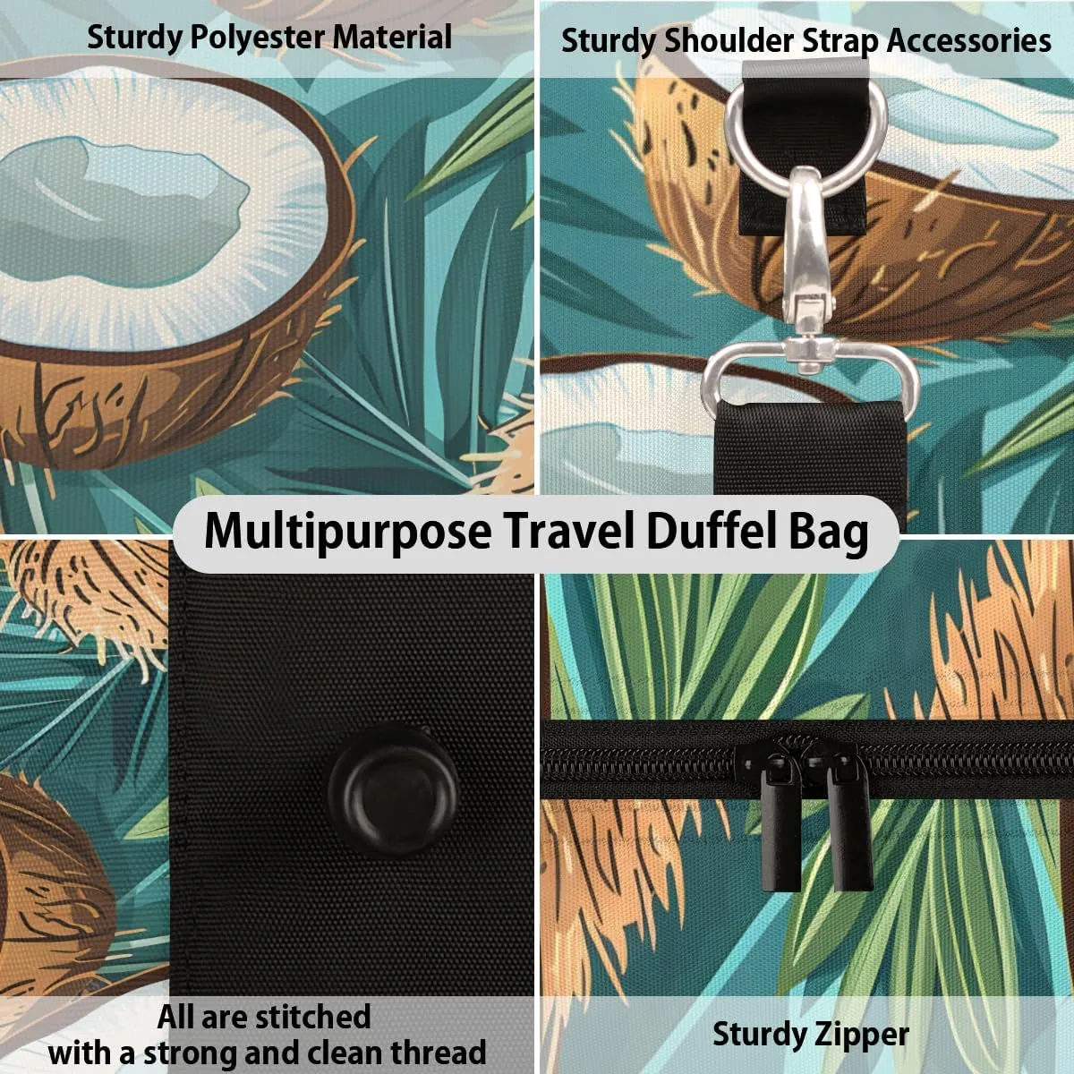 Summer Coconut Travel Duffle Bag for Women Men Gym Duffel Foldable Bag Waterproof Weekender Tropical Fruit Duffle Tote