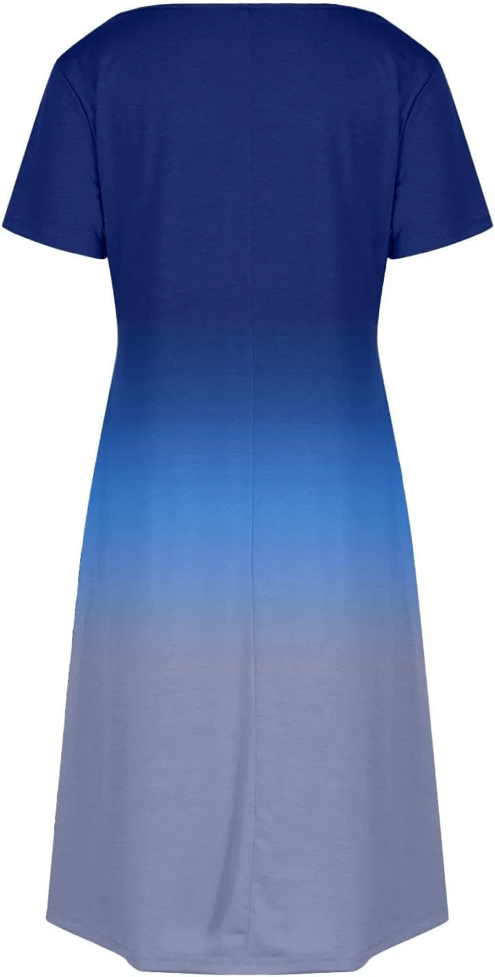 Summer Elegant Dress for Women V Neck Short Sleeve Trendy Skirts Comfy Gradient Color Dresses Walking Vacation