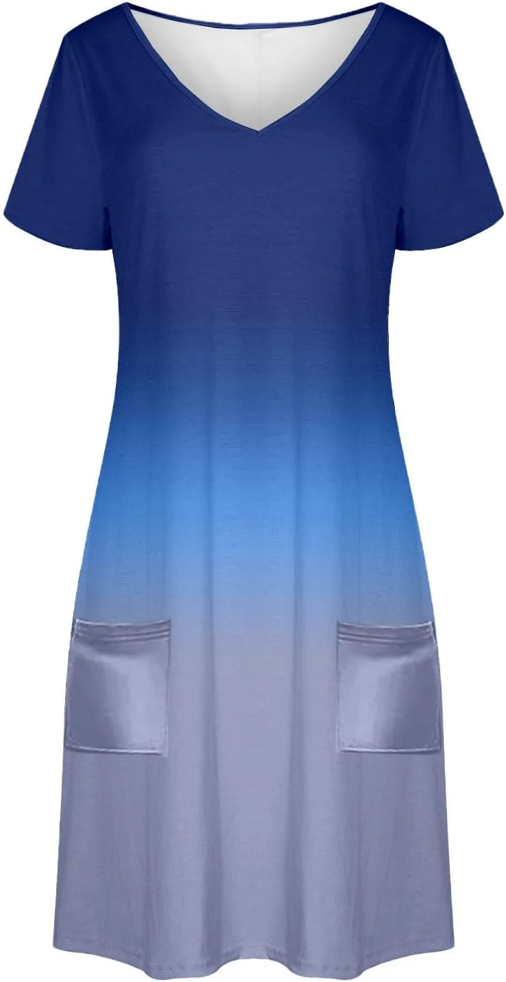 Summer Elegant Dress for Women V Neck Short Sleeve Trendy Skirts Comfy Gradient Color Dresses Walking Vacation