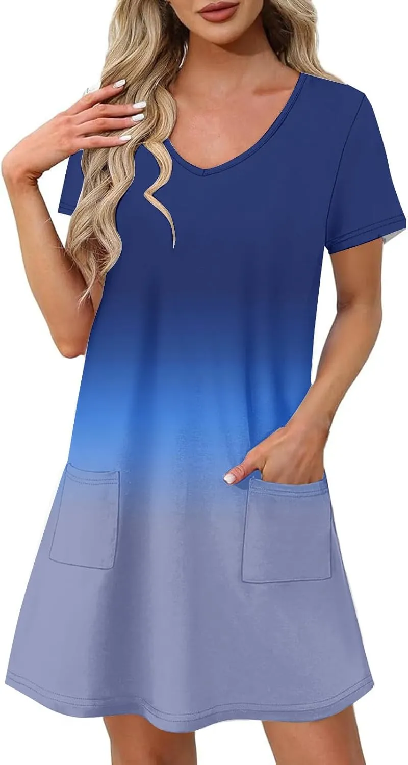 Summer Elegant Dress for Women V Neck Short Sleeve Trendy Skirts Comfy Gradient Color Dresses Walking Vacation