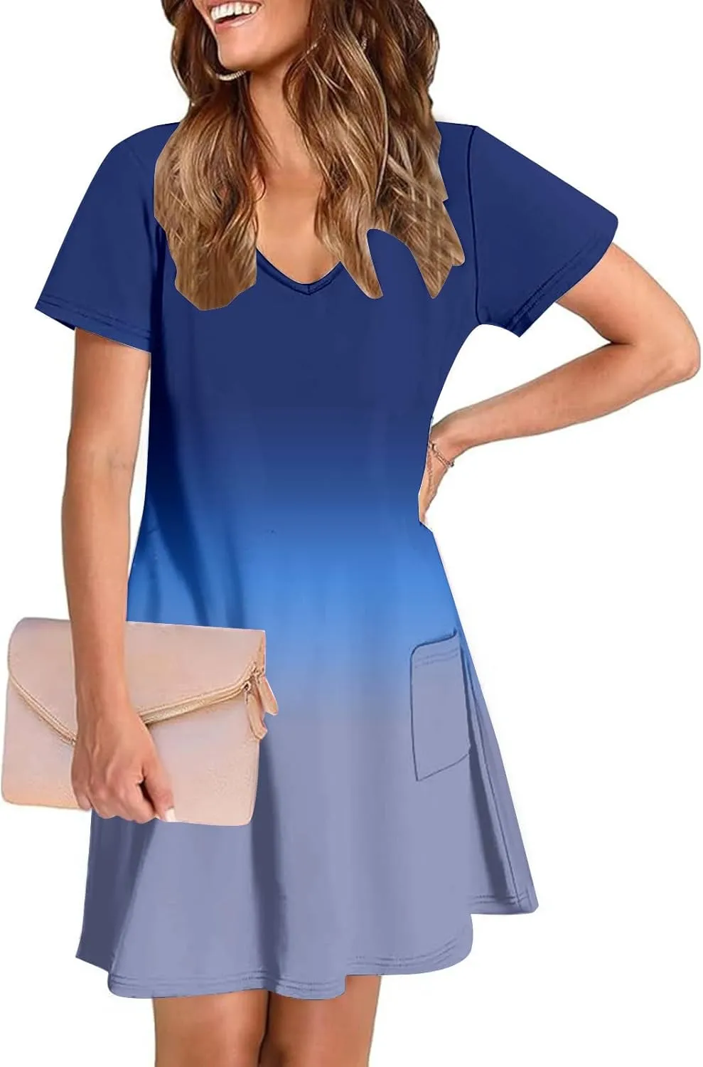 Summer Elegant Dress for Women V Neck Short Sleeve Trendy Skirts Comfy Gradient Color Dresses Walking Vacation