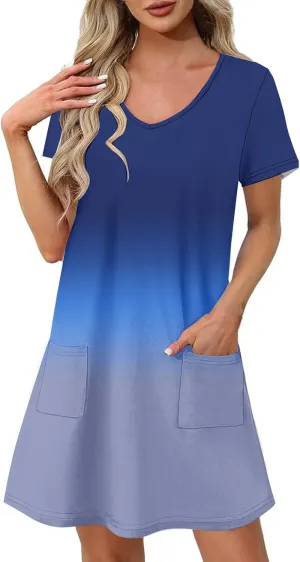 Summer Elegant Dress for Women V Neck Short Sleeve Trendy Skirts Comfy Gradient Color Dresses Walking Vacation