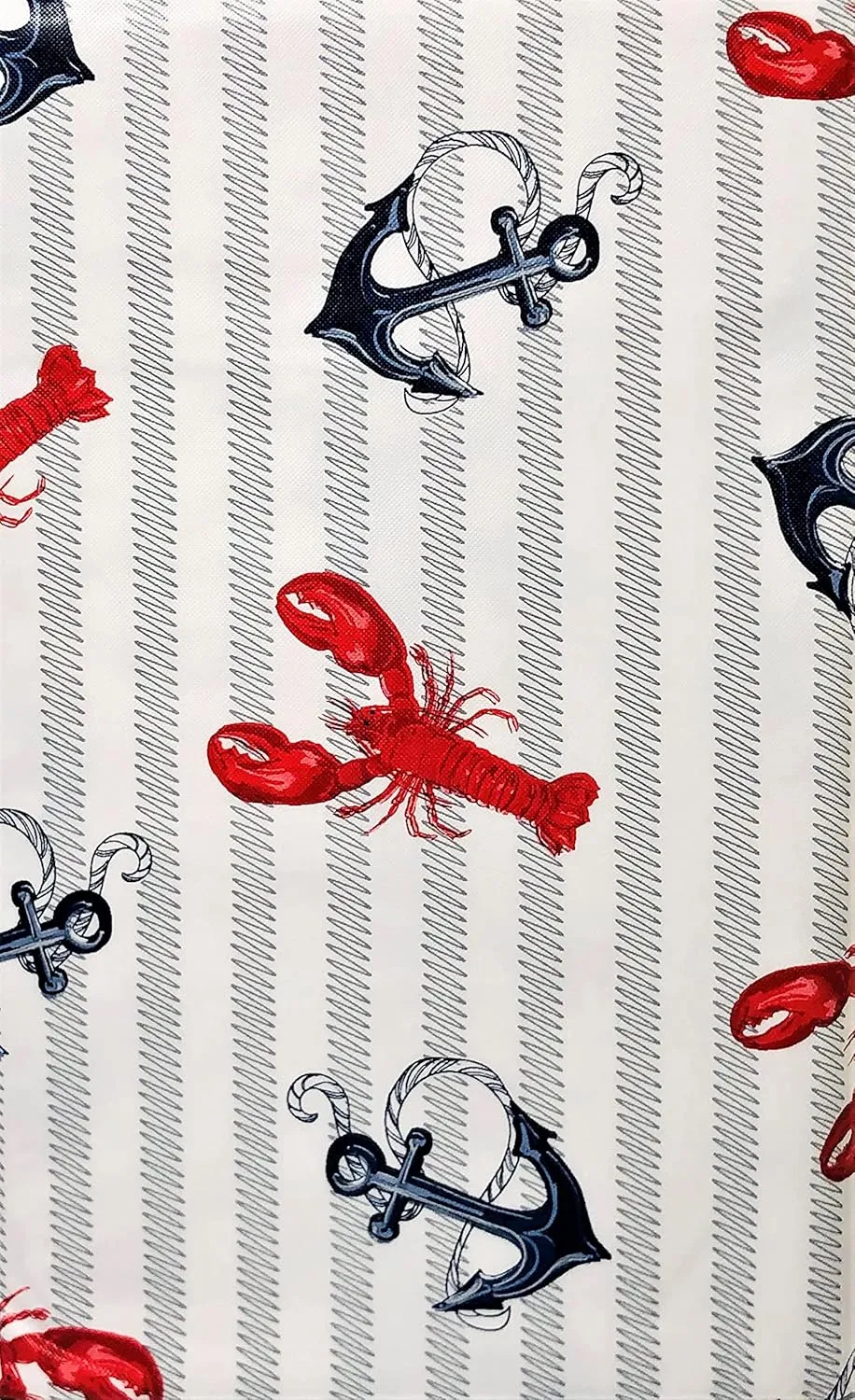 Summer Fun Lobsters & Anchors on Wavy Line Stripes Vinyl Flannel Back Tablecloth (52'' x 52'' Square), Red, White, Blue , Gray