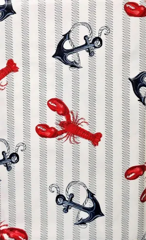 Summer Fun Lobsters & Anchors on Wavy Line Stripes Vinyl Flannel Back Tablecloth (52'' x 52'' Square), Red, White, Blue , Gray