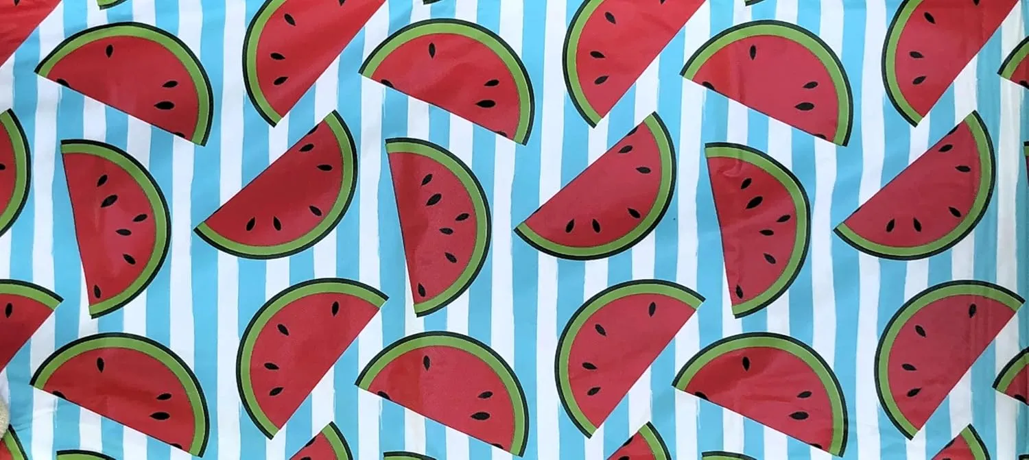 Summer Fun Vinyl Flannel Back Tablecloth - Whimsical Watermelon Slices on Blue and White Stripes (60" Round)